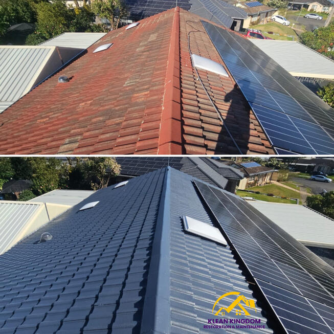 Before and after concrete roof restoration and repairs in Hebersham, Sydney, using Dulux AcraTex with high build primer