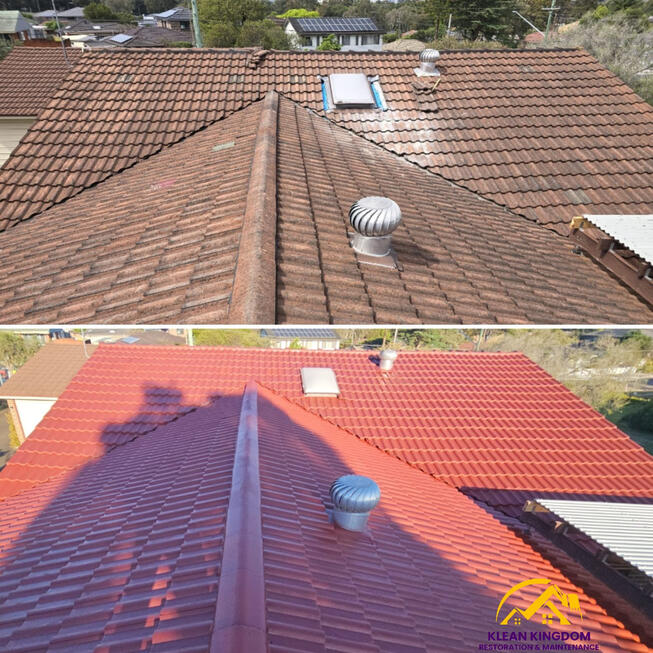 Before and after concrete tile roof restoration in Constitution Hill, Sydney, coated with IRC roof membrane by Klean Kingdom