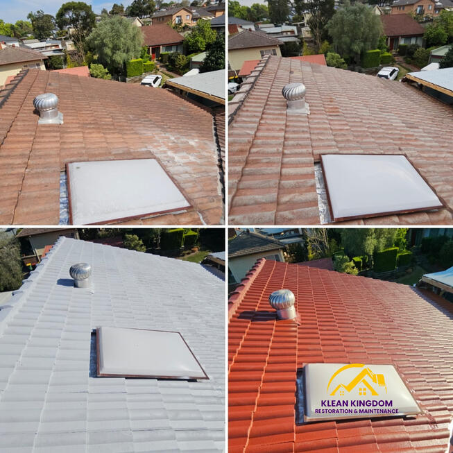 Repointed, primed and coated in Manor Red — this Constitution Hill concrete roof went from worn to fully restored Manor Red IRC roof membrane coating on a restored concrete tile roof in Constitution Hill, Sydney