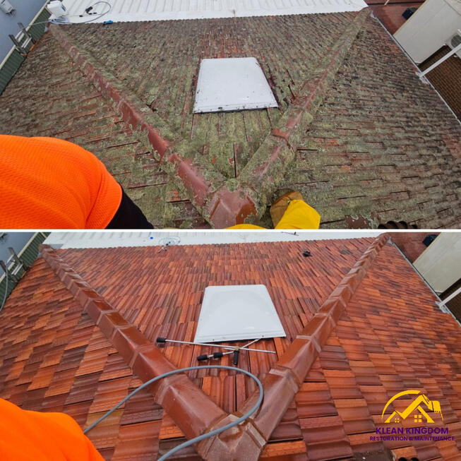 Terracotta roof clean in Lidcombe, Sydney — Klean Kingdom removed built-up lichen, moss and mould, restoring the tiles' natural colour and improving hygiene and appearance. Before and after terracotta roof clean in Lidcombe, Sydney — lichen, moss and mould removed by Klean Kingdom
