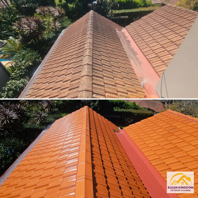 Terracotta Roof Clean Lindfield Sydney | Klean Kingdom Restoration & Maintenance Before and after terracotta roof clean in Lindfield, Sydney — lichen, moss and mould cleaned by Klean Kingdom