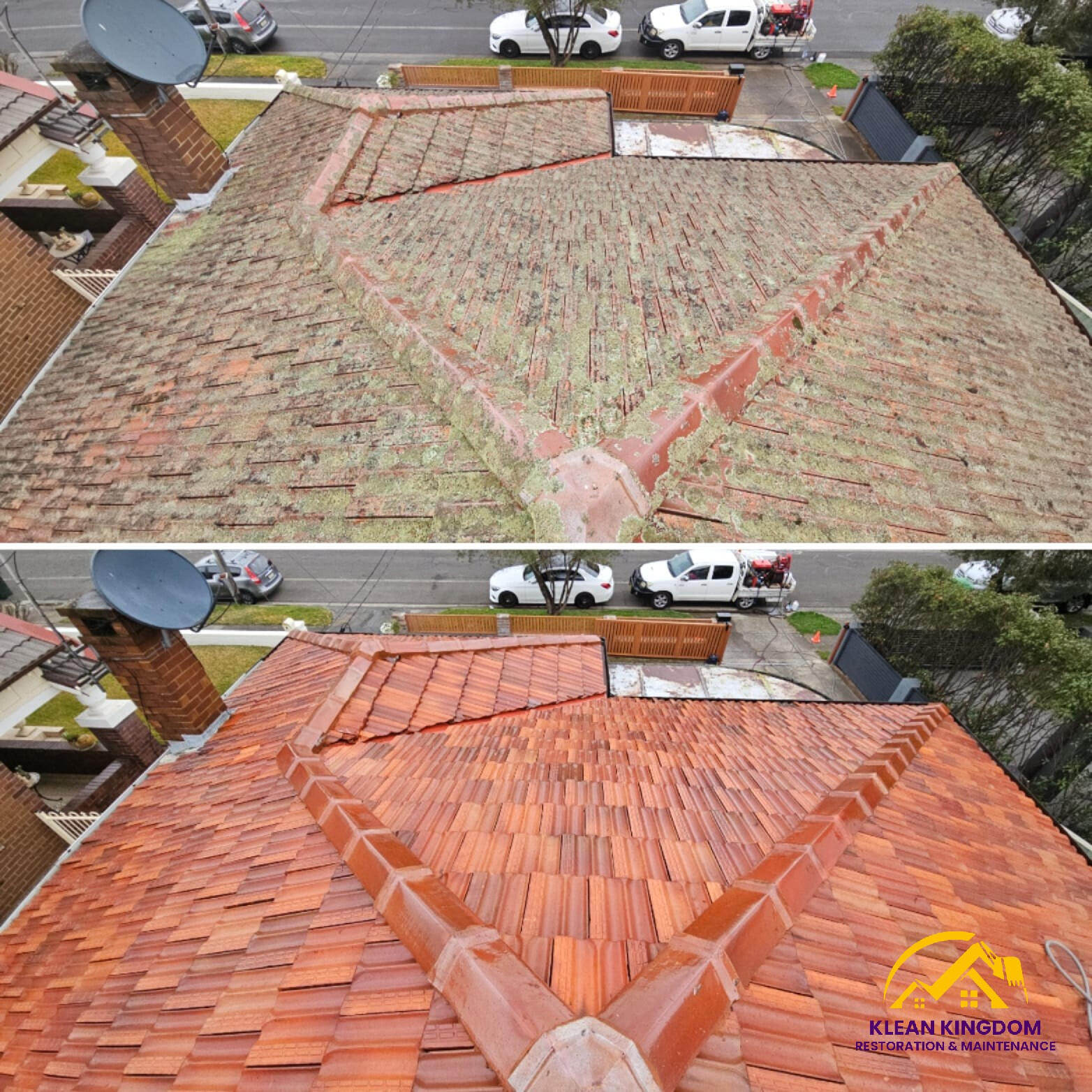 Terracotta roof restoration in Lidcombe, Sydney — years of dirt and grime removed, colour restored Terracotta roof restoration in Lidcome, Sydney — years of dirt and grime removed, colour restored