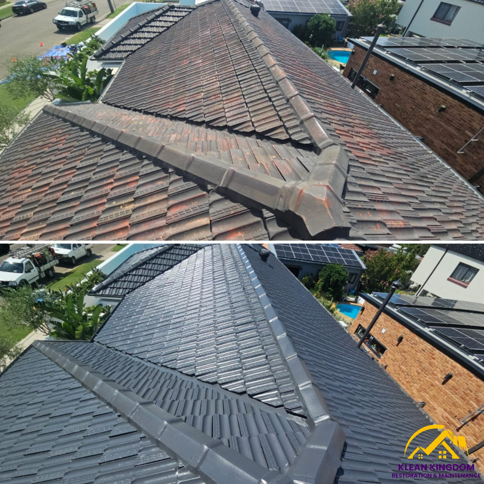 Terracotta roof restoration in Marrickville, Sydney — years of dirt and grime removed, colour restored Terracotta roof restoration in Marrickville, Sydney — years of dirt and grime removed, colour restored