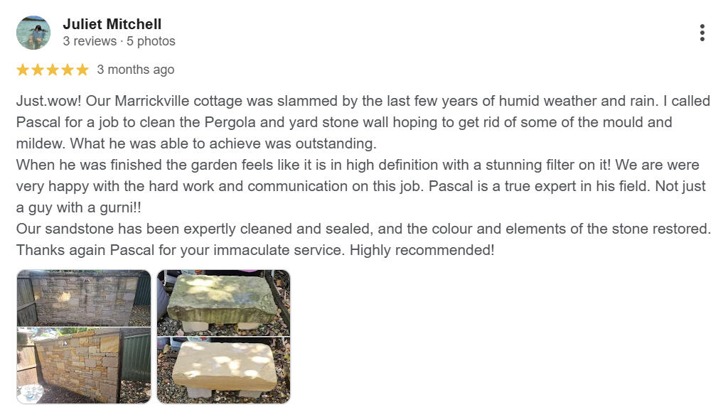 5-star Google review: sandstone wall and pergola cleaning, Marrickville — Klean Kingdom