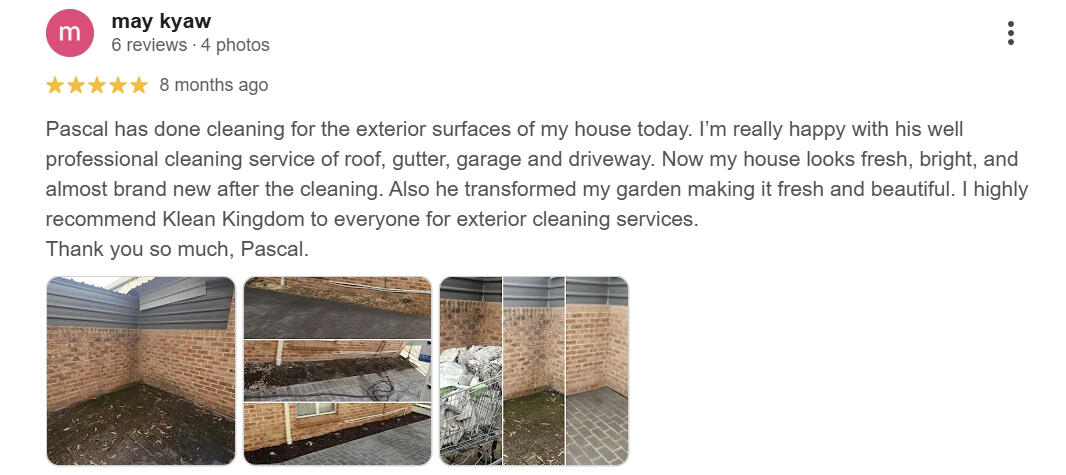 5-star Google review: roof, gutter, garage & driveway cleaning — Klean Kingdom, Sydney